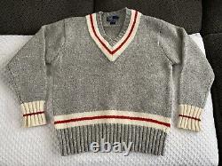 Vintage Polo Ralph Lauren Wool Knit V-Neck Cricket Sweater Grey Red Stripe XL