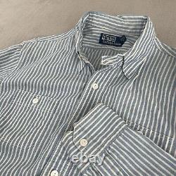 Vintage Polo Ralph Lauren Work Shirt Medium Hickory Stripe Loop Chinstrap Collar