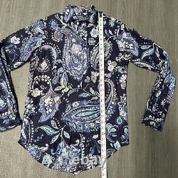 Vintage Polo Ralph Lauren paisley LINEN aqua blue Shirt Mens S button up L/S EUC