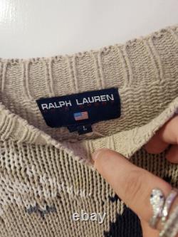Vintage Ralph Lauren Polo Bear Sweater Men's Large Beige Skiing RL Knit Wool