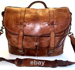 Vintage Ralph Lauren Polo Brown Leather Shoulder Tote Messenger Bag Pockets