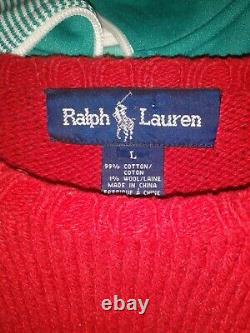 Vintage Ralph Lauren Polo Sport Red Ski Bear Hand Knit Sweater large1990's Rare