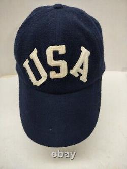 Vtg 90s Polo Ralph Lauren USA Flag Hat Cap Large Blue Fleece Made in USA