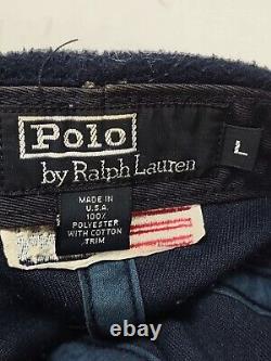 Vtg 90s Polo Ralph Lauren USA Flag Hat Cap Large Blue Fleece Made in USA