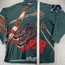 Vtg Polo Ralph Lauren Button Up Shirt Mens Large Green Ski Boots Stadium AOP