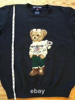 Vtg Polo Ralph Lauren Navy Teddy Bear American Flag Crewneck Sweater SZ L