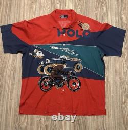 Vtg Polo Ralph Lauren Rayon Plane Boat Car Motorcycle Racing Button Up 2XL Shirt